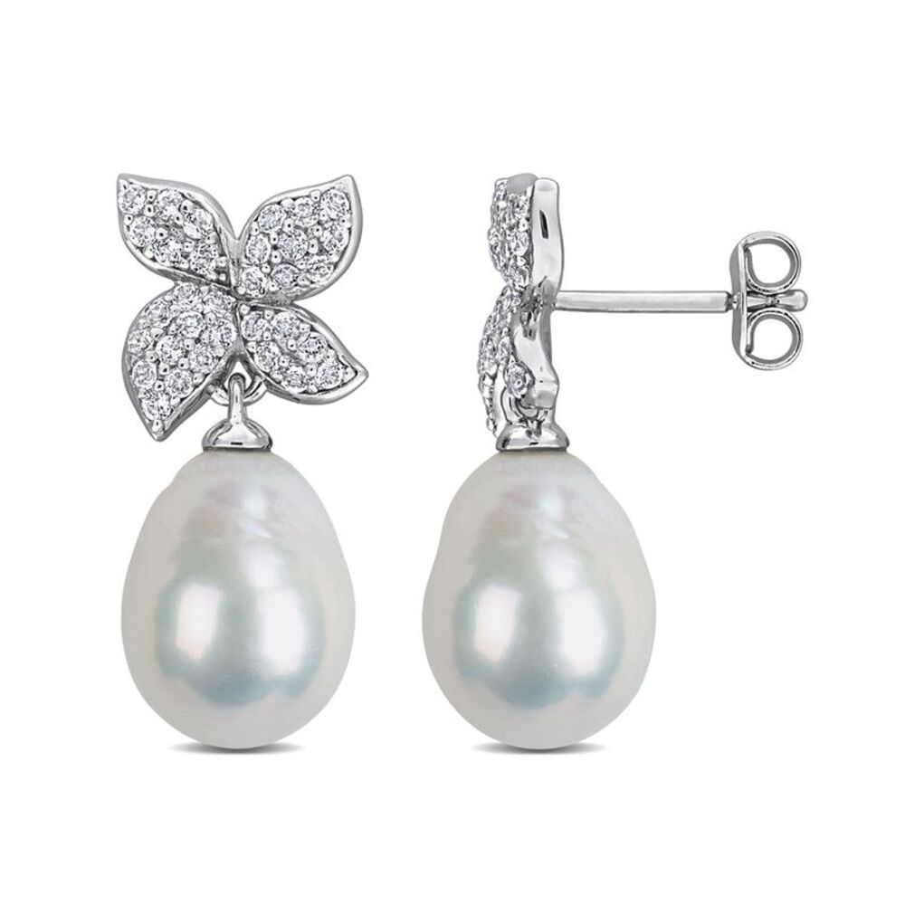 2/3 Carat (ctw) White Topaz and Freshwater Cultured Pearl Dangle Earrings Sterli